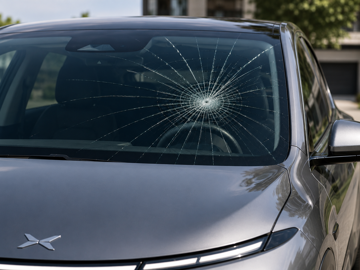 Prasklina v čelním skle automobilu po zásahu kamínkem