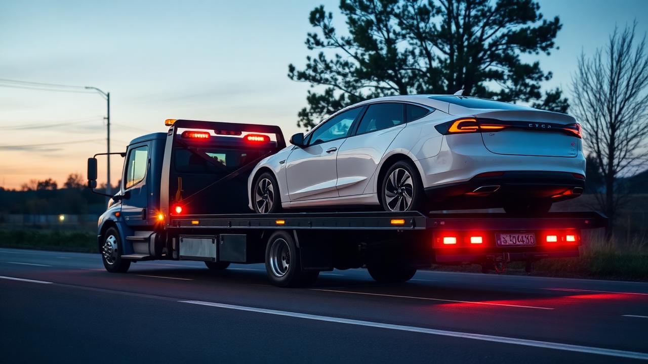 Odtahový vůz nakládající bílý elektromobil na plošinu