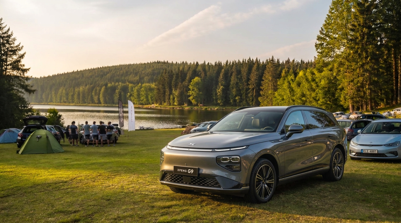 Bílý elektromobil XPENG G9 zaparkovaný u travnatého kempu u jezera s dalšími elektromobily