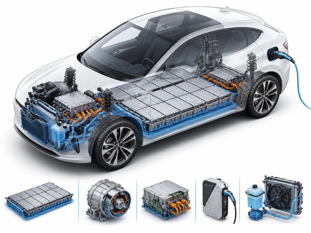 Technický řez elektromobilem — baterie, měnič a další kryté komponenty